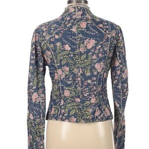 Free People Meadow Quilted Floral Slim Fit Jacket Size L Blue Pink Zip Front